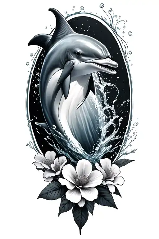 Dolphine Jump Out Of Water With Flowers Intertwined