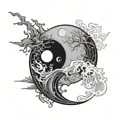 Waxing Gibbos Moon As Yin And A Wave As Yang Symbol