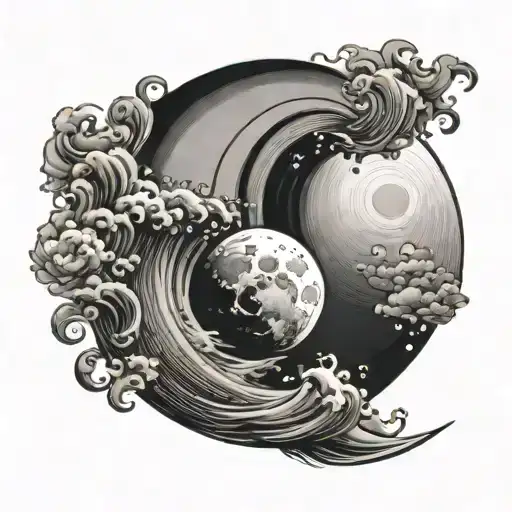 Waxing Gibbous Moon In Back And A Wave In Front As A Yin-yang Shape
