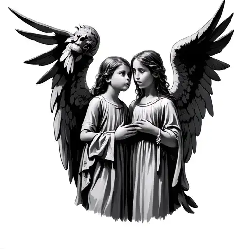 Gothic Style Guardian Angel Watching Over 2 Kids