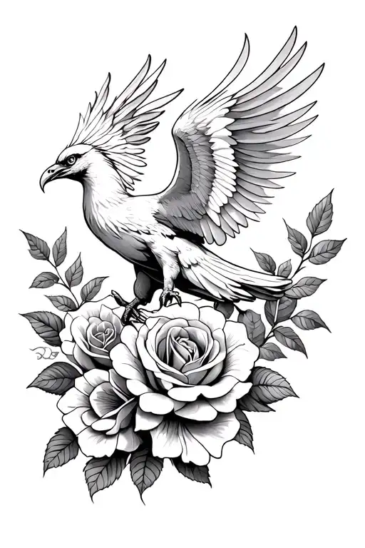 Majestic Phoenix Flying Rising From Roses Mayflowers Hibiscus