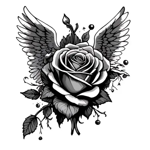 Tattoo On The Hand Of A Black Rose Shot Through The Heart And A Guardian Angel