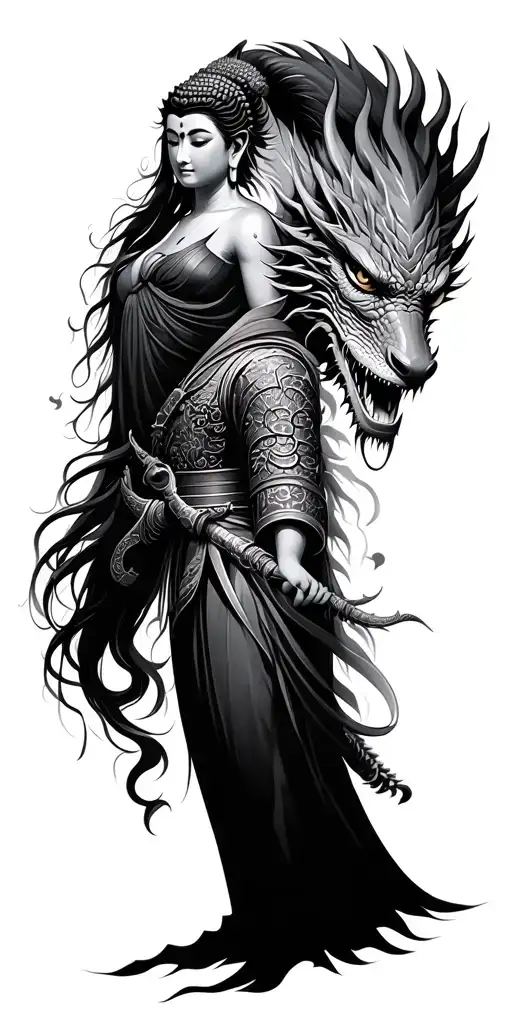 Buddha Girl And Dragon And Samurai Warrior