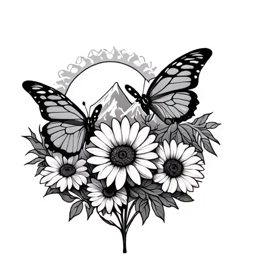 Mountains Sun Flowers And Butterfly