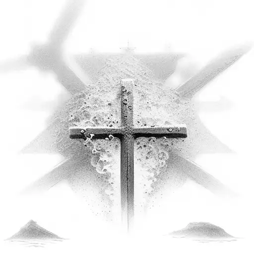 Christian Cross Being Hit By Waves But Standing Strong