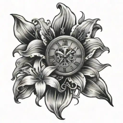 Lily Flower And Clock Melting Skull