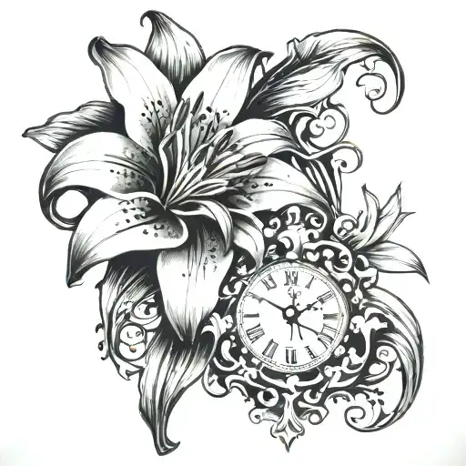 Lily Flower With Roots And Clock Melting