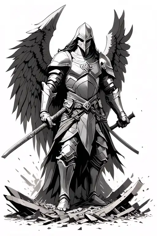 Archangel In Armor With Katana In Ruins