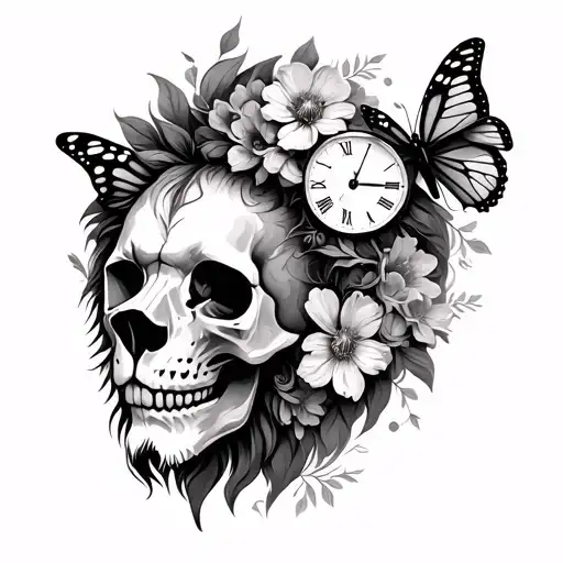 Skull And Butterflies And Lion Head And Time And Flowers