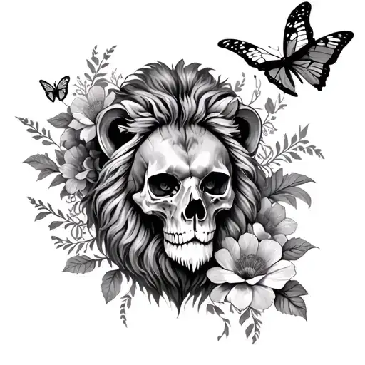 Skull And Butterflies And Lion Head And Time And Flowers Forearm Sleeve