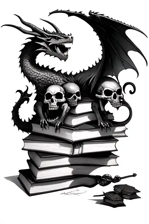 Books With Skulls And A Dragon Flying