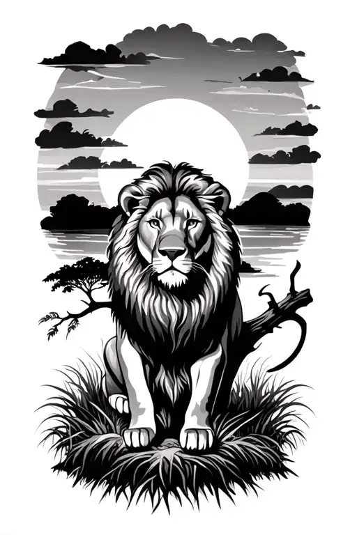 Safari Sunset With A Lion Sat On A Branch