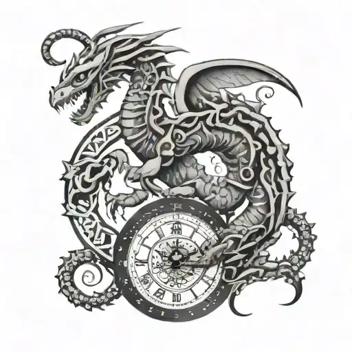 A Scorpion And Dragon Intertwined In A Tribal Design With Clock Elements