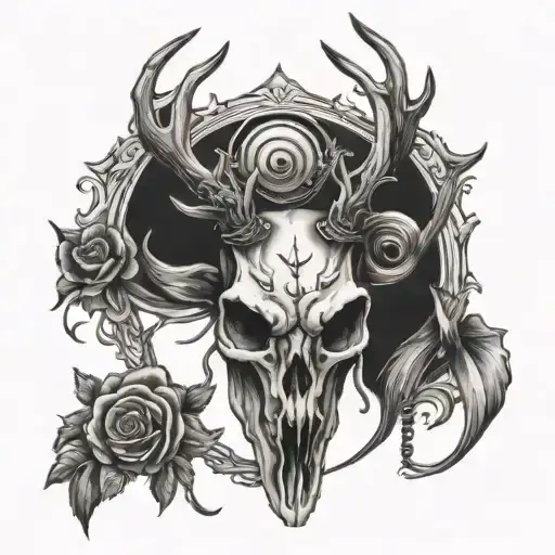 Deer Skull With Bannor Across Horns