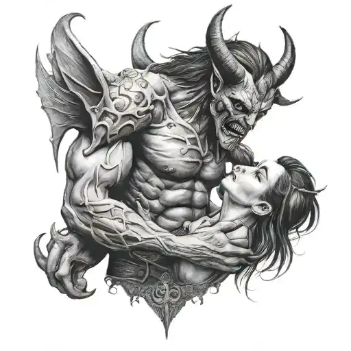 Realistic Demon Holding Girl Standing
