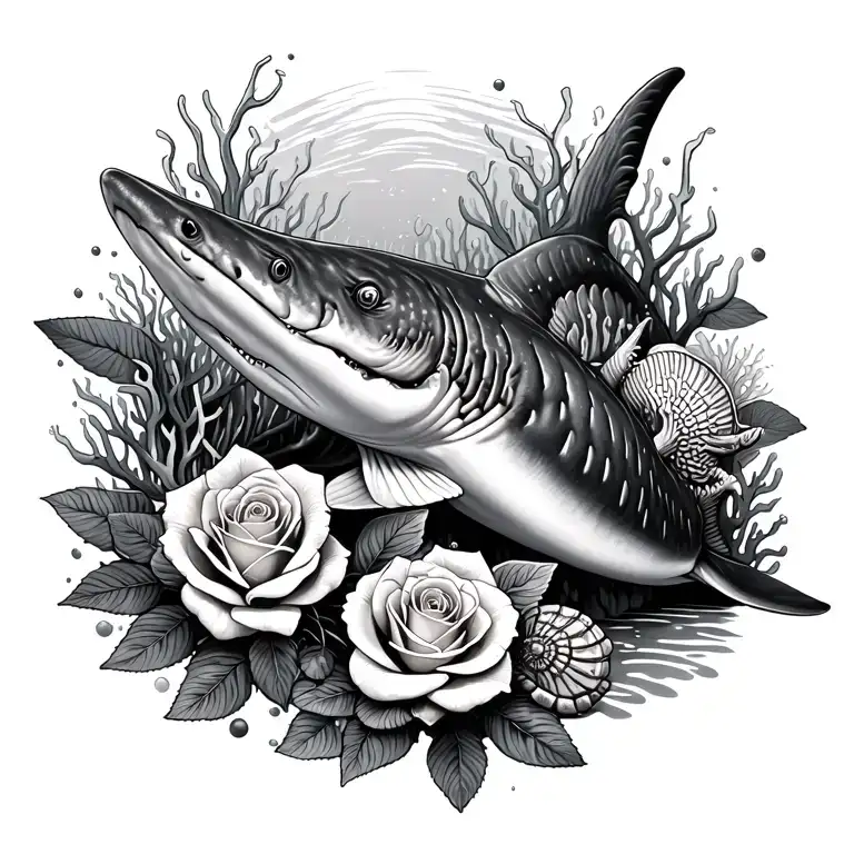 Whale Shark With Roses Intertwined With Shells Nearby And Corals