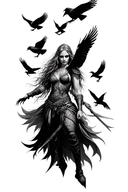 Female Viking With Crows Flying