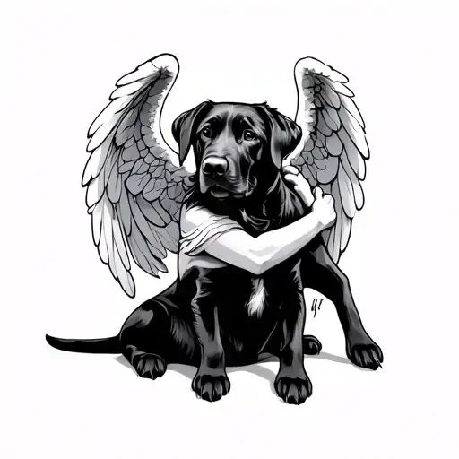 Angel Hugging A Black Labrador Dog