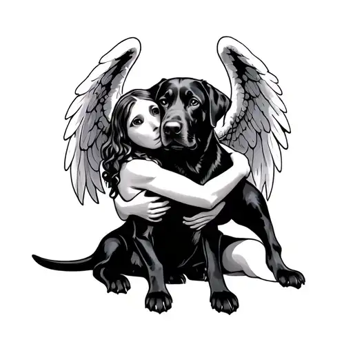 Angel Hugging A Black Labrador Dog