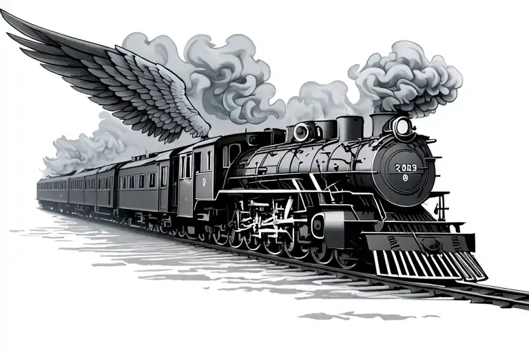Memorial Train Tattoo With The Fat August 9Th 2025 In Roman Numerals With The Smoke As Angel Wings
