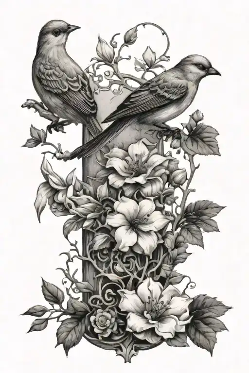 A Floral Design Incorporating Elements Of The Outdoors Like Trees And Birds