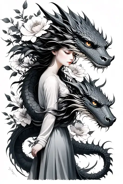 Full-length Girl Wrapping A Dragon Around Flowers Blooming