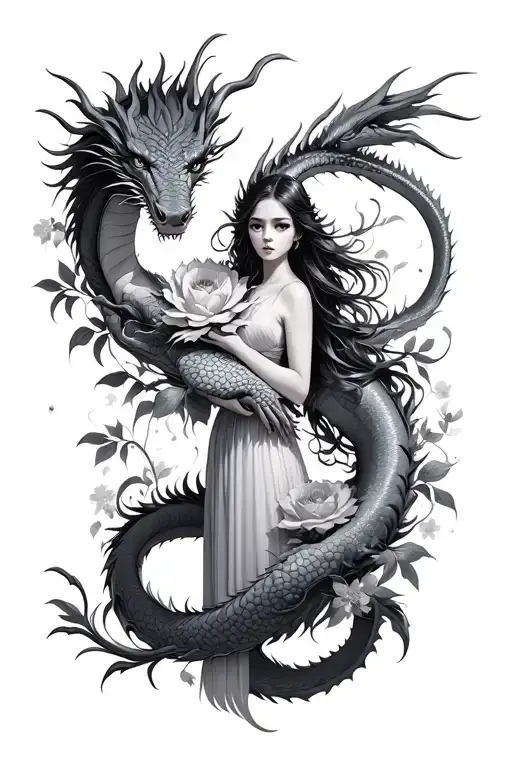 Full-length Girl Wrapping A Dragon Around Flowers Blooming