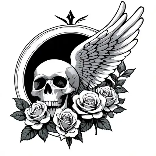 Skull Wing Attaches Roses Around Circle Made