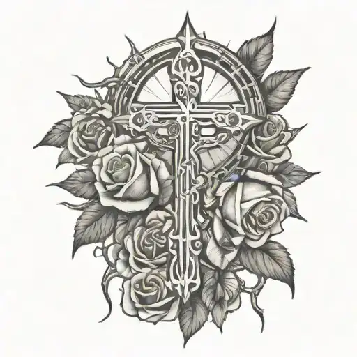 Roses And Thorns And Sun Setting Hands Holding Cross