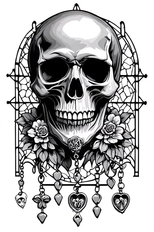 Black And Grey Skull With Rosary Beads With Black Stained Cathedral Stained Glass As Background