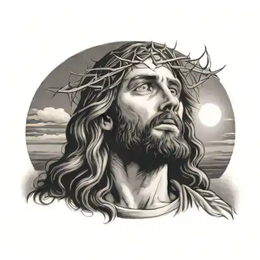 Jesus Looking Into The Sun Setting In Background