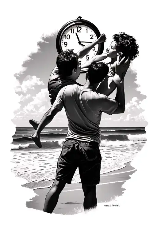 Father Holding Son In The Air With Beach Background And A Clock Overlooking Them