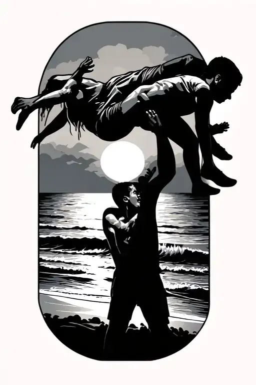 Father Holding Son In The Air With Beach Background And Sun Setting