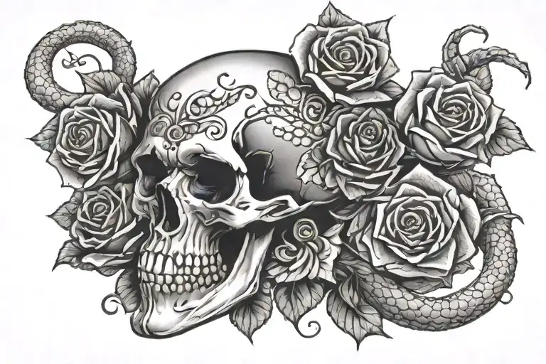 Skull Rose And Snake Wrapped Tightly