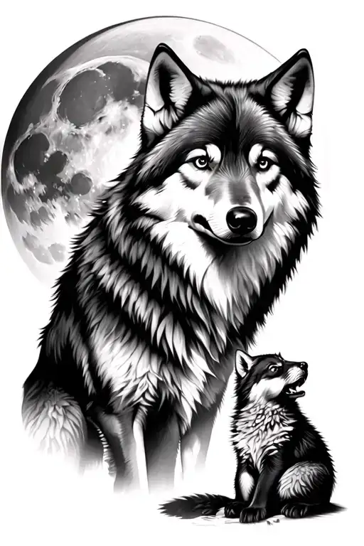 Wolf Portrait Looking At You With Moon Underneath It And Cub Sitting Underneath The Moon Howling