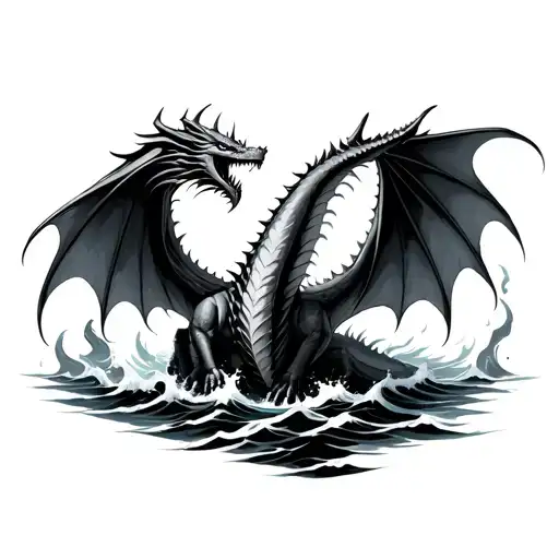 A Dragon Emerging Out Of Ocean With Majestic Wings Stiked By Lighning