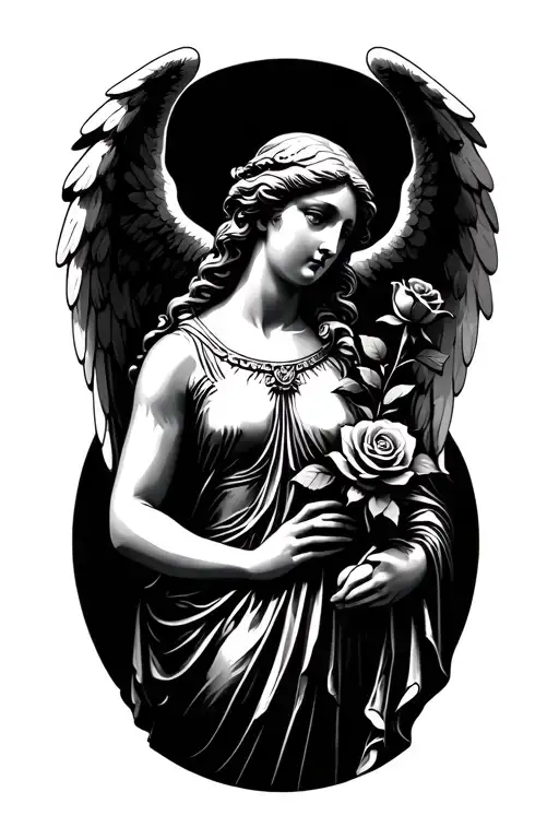 Statue Female Angel Holding Rose In Hand