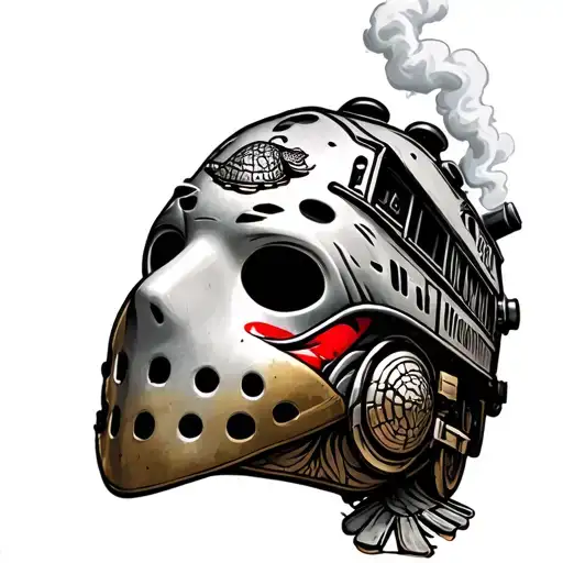 Hockey Goalie Mask With A Turtle And Locomotive Steam Train Painted On It