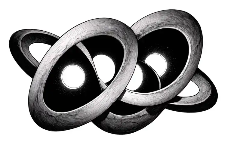 Three Small Black Holes Together Inside Of Three Rings In A Triangle Type Form