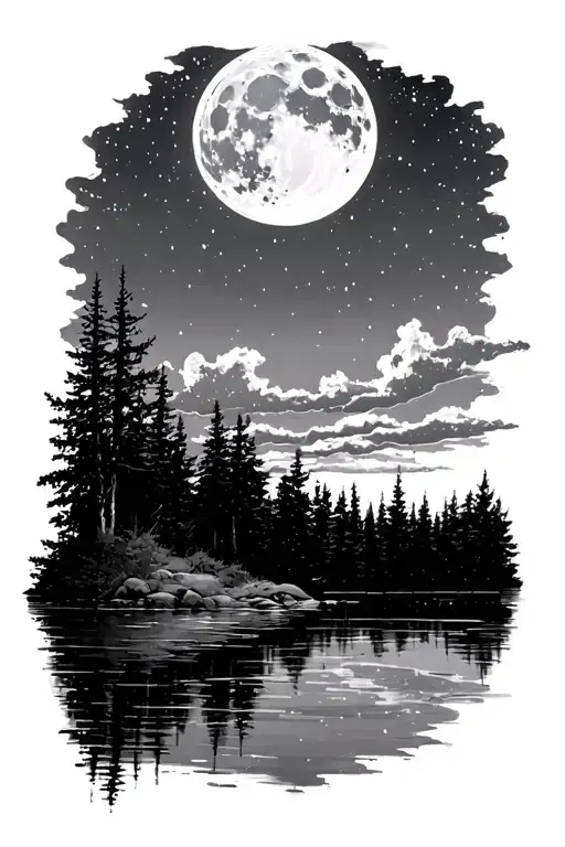 A Calm Night Sky With The Moon Up And A Still Water Reflection Of The Moon With A Forest Next To It