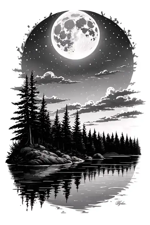 A Calm Night Sky With The Moon Up And A Still Water Reflection Of The Moon With A Forest Next To It