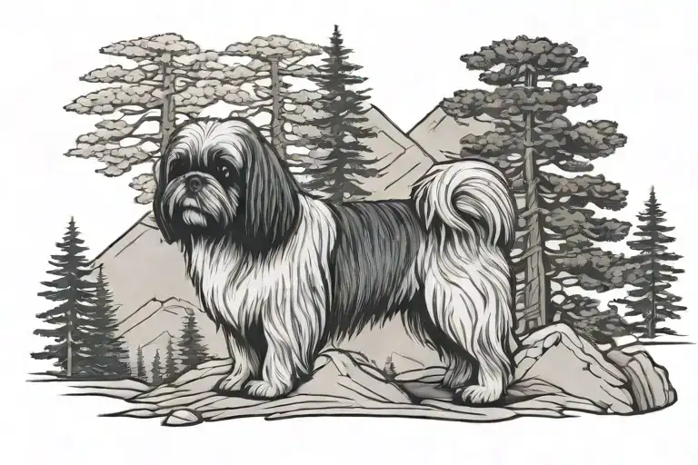 Pine Trees And Mountains With Shih Tzu Next To Pine Tree
