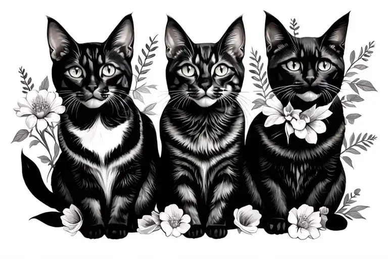 Three Cats And Different Flowers