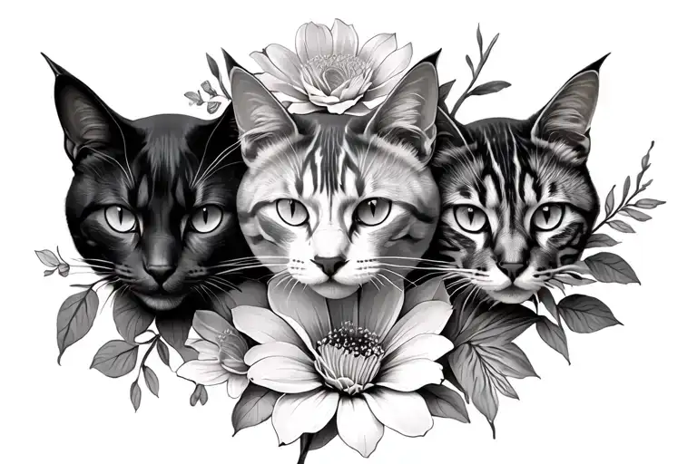 Three Cat Heads And Different Flowers