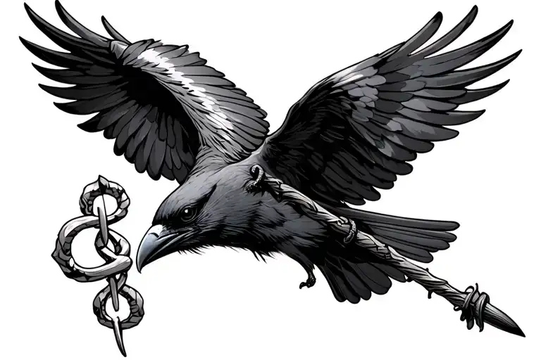 Raven Flying While Carrying The Rod Of Asclepius