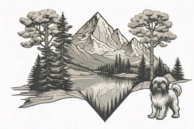 Mountain Range With Lake And Pine Trees And Small Sitting Shih Tzu Next To Pine Tree