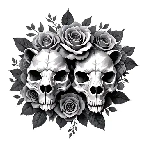 Lion Skulls Surrounded Roses Intertwined