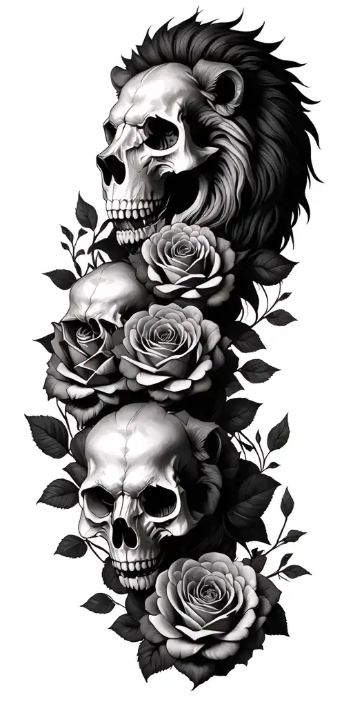Lion Skulls Surrounded Roses Intertwined