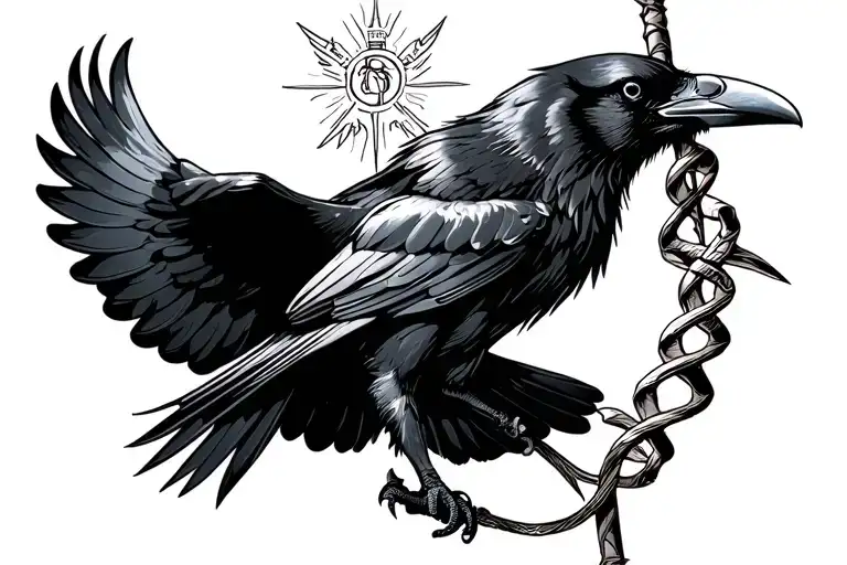 Raven Flying While Carrying The Rod Of Asclepius In Its Claws