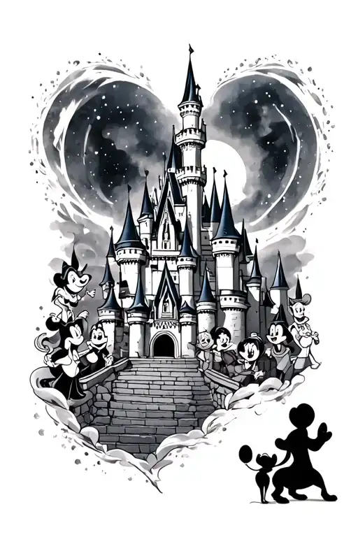 Light Disney Castle With Disney Characters Surrounded